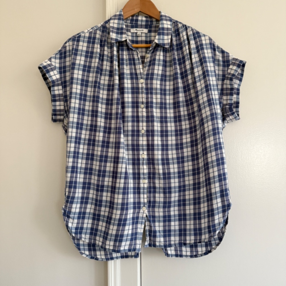 Madewell Plaid Boxy Sleeve Button Down Top with Split Back Size M.